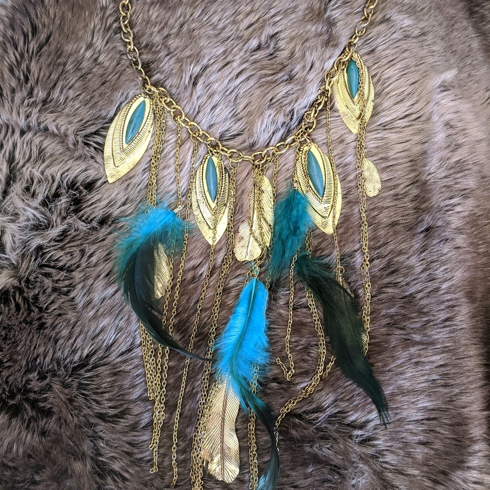 Gold & blue feather necklace